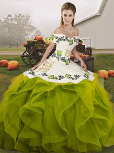 Perfect Off The Shoulder Sleeveless Vestidos de Quinceanera Floor Length Embroidery and Ruffles Olive Green Tulle