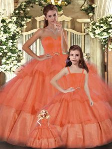 Free and Easy Orange Ball Gowns Organza Sweetheart Sleeveless Ruffled Layers Floor Length Lace Up Quinceanera Gowns