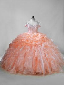 Gorgeous Orange Ball Gowns Beading and Ruffles and Pick Ups Quinceanera Gowns Lace Up Organza Sleeveless