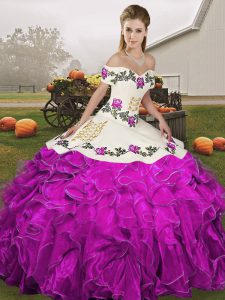 Floor Length White And Purple 15th Birthday Dress Organza Sleeveless Embroidery and Ruffles