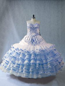 Blue And White Ball Gowns Organza Sweetheart Sleeveless Embroidery and Ruffled Layers Floor Length Lace Up Sweet 16 Quinceanera Dress