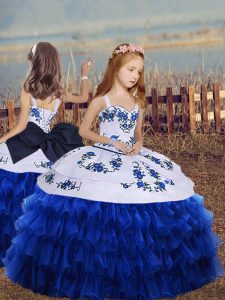 Excellent Organza Straps Long Sleeves Lace Up Embroidery and Ruffled Layers Pageant Gowns For Girls in Royal Blue
