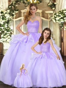 Sleeveless Organza Floor Length Lace Up Quinceanera Gowns in Lavender with Beading
