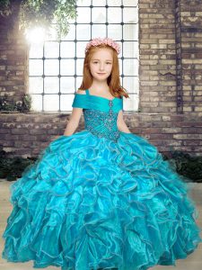 Organza Straps Sleeveless Lace Up Beading Pageant Gowns For Girls in Aqua Blue