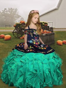 Organza Straps Sleeveless Lace Up Embroidery Kids Pageant Dress in Turquoise