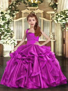 Affordable Floor Length Fuchsia High School Pageant Dress Organza Sleeveless Ruffles