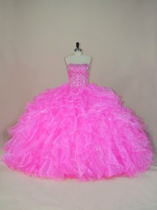 Organza Strapless Sleeveless Lace Up Beading and Ruffles 15th Birthday Dress in Pink