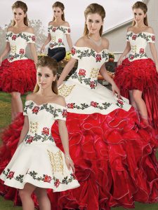 Floor Length Lace Up Quinceanera Dresses White And Red for Military Ball and Sweet 16 and Quinceanera with Embroidery and Ruffles