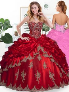 Hot Sale Wine Red Ball Gowns Sweetheart Sleeveless Organza Floor Length Lace Up Beading and Appliques and Pick Ups Sweet 16 Dresses