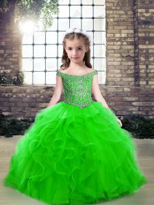 Classical Sleeveless Tulle Floor Length Lace Up Kids Pageant Dress in Green with Beading