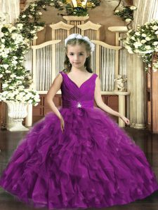 Eggplant Purple Backless V-neck Beading and Ruffles Little Girls Pageant Dress Wholesale Organza Sleeveless
