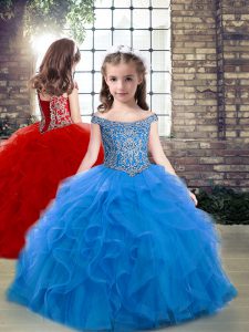 Custom Made Off The Shoulder Sleeveless Tulle Little Girls Pageant Dress Beading and Ruffles Lace Up