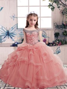 Custom Fit Pink Tulle Lace Up Scoop Sleeveless Floor Length Evening Gowns Beading and Ruffles