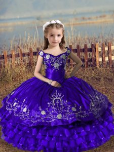Hot Sale Purple Satin and Organza Lace Up Off The Shoulder Sleeveless Floor Length Pageant Gowns Embroidery and Ruffled Layers
