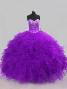 Most Popular Purple Ball Gowns Sweetheart Sleeveless Tulle Floor Length Lace Up Beading and Ruffles Sweet 16 Dresses