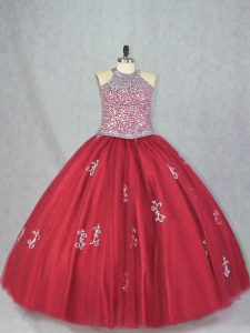 Red Lace Up Halter Top Beading and Appliques 15th Birthday Dress Tulle Sleeveless