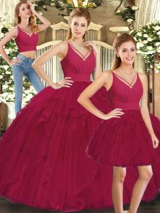 Custom Designed Red Tulle Lace Up 15th Birthday Dress Sleeveless Floor Length Ruffles