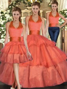 Sweet Sleeveless Floor Length Ruffled Layers Lace Up Quince Ball Gowns with Orange