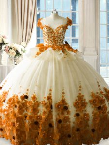 Designer Brown Tulle Zipper Quinceanera Gown Brush Train Hand Made Flower