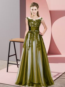 Empire Damas Dress Olive Green Scoop Tulle Sleeveless Floor Length Zipper