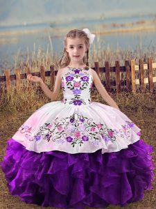 Organza Scoop Sleeveless Lace Up Embroidery and Ruffles Kids Pageant Dress in Purple