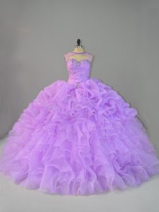 Lavender Ball Gowns Scoop Sleeveless Organza Lace Up Beading and Ruffles Quinceanera Dress