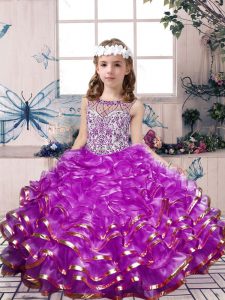 Low Price Lilac Sleeveless Beading and Ruffles Floor Length Little Girl Pageant Dress
