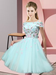 Short Sleeves Tulle Knee Length Lace Up Dama Dress for Quinceanera in Apple Green with Appliques