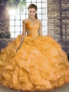Floor Length Ball Gowns Sleeveless Gold Vestidos de Quinceanera Lace Up