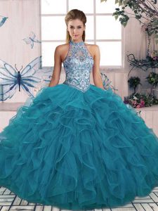 Teal Halter Top Lace Up Beading and Ruffles Quinceanera Dresses Sleeveless