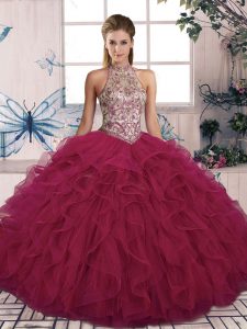 Ball Gowns Sweet 16 Dress Burgundy Halter Top Tulle Sleeveless Floor Length Lace Up