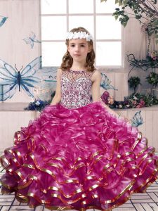 Charming Fuchsia Organza Lace Up Scoop Sleeveless Floor Length Kids Pageant Dress Beading and Ruffles
