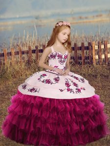 Fashion Fuchsia Kids Formal Wear For with Embroidery and Ruffles Straps Sleeveless Lace Up
