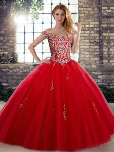 Sophisticated Sleeveless Floor Length Beading Lace Up Sweet 16 Dress with Red