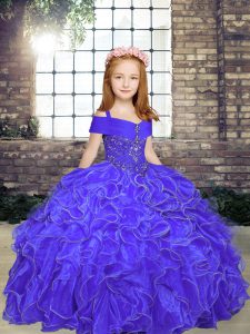 Straps Sleeveless Lace Up Little Girls Pageant Gowns Purple Organza