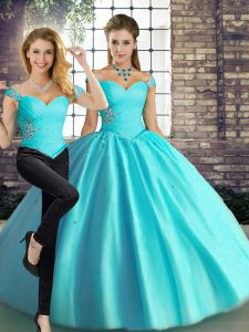 Aqua Blue Lace Up Off The Shoulder Beading Sweet 16 Quinceanera Dress Tulle Sleeveless
