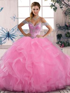 Rose Pink Ball Gowns Tulle Off The Shoulder Sleeveless Beading and Ruffles Floor Length Lace Up Quince Ball Gowns