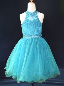 Adorable Mini Length A-line Sleeveless Aqua Blue Kids Formal Wear Lace Up