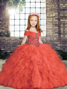 Floor Length Ball Gowns Sleeveless Red Kids Formal Wear Lace Up
