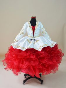 White And Red Child Pageant Dress Wedding Party with Embroidery and Ruffles Sweetheart Sleeveless Lace Up