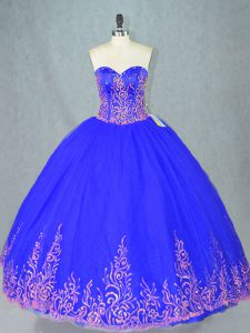 Floor Length Blue Quince Ball Gowns Tulle Sleeveless Beading