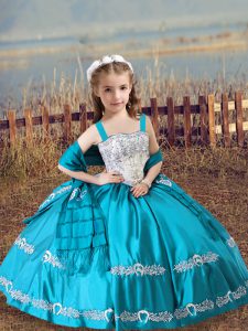 Enchanting Teal Ball Gowns Beading and Embroidery Winning Pageant Gowns Lace Up Satin Sleeveless Floor Length
