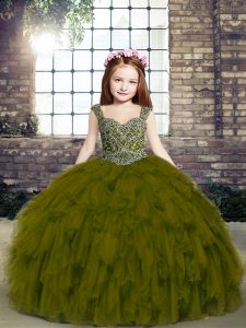 Olive Green Tulle Lace Up Little Girl Pageant Dress Sleeveless Floor Length Beading and Ruffles
