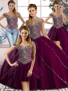 Purple Tulle Lace Up Sweetheart Cap Sleeves Quince Ball Gowns Brush Train Beading