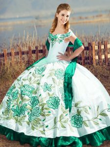 Fine Green Ball Gowns Satin and Organza Off The Shoulder Sleeveless Embroidery and Ruffles Floor Length Lace Up Quince Ball Gowns