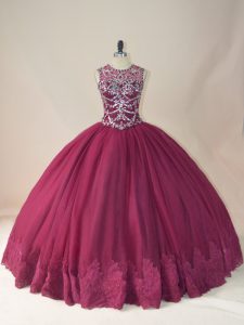 Long Sleeves Tulle Floor Length Lace Up Vestidos de Quinceanera in Burgundy with Beading and Appliques