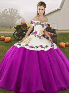 Fine Sleeveless Floor Length Embroidery Lace Up Vestidos de Quinceanera with White And Purple