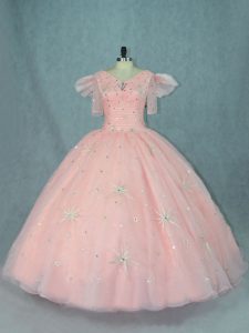 Short Sleeves Zipper Floor Length Beading Quinceanera Dress