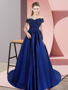 Off The Shoulder Sleeveless Court Train Zipper Sweet 16 Dresses Blue Satin