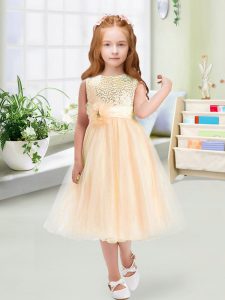 Wonderful Tea Length Zipper Child Pageant Dress Champagne for Wedding Party with Sequins and Hand Made Flower